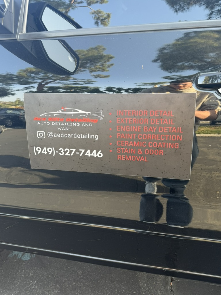 Ace Elite Detailing service card with phone number and service list